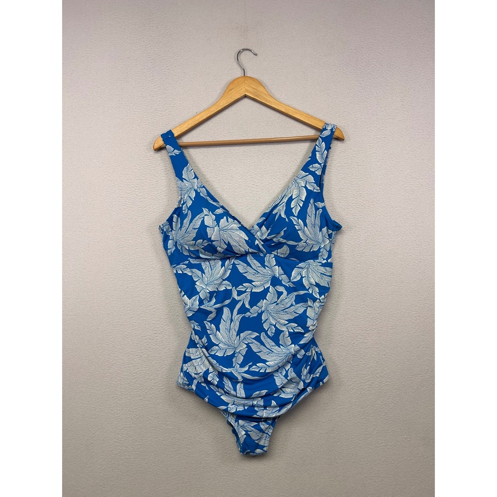 Tropical Beach Seekers Essentials Womens 16 Blue Leaf Print One Piece Swimsuit